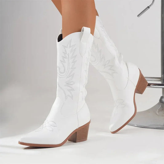 Western Knee High Boots – Embroidered Detailing and Classic Block Heel
