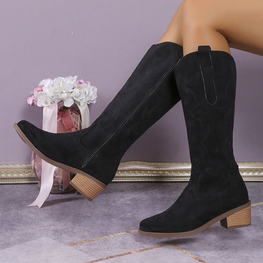 Western Knee High Boots – Stitch Detailing and Block Heel