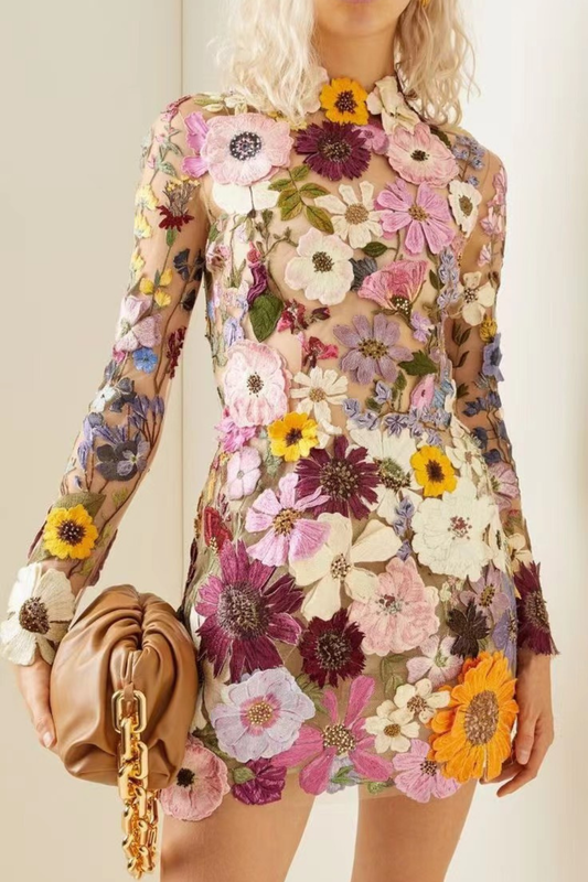 Elegant Floral Embroidered Mini Dress – Sheer Long-Sleeve Statement Silhouette