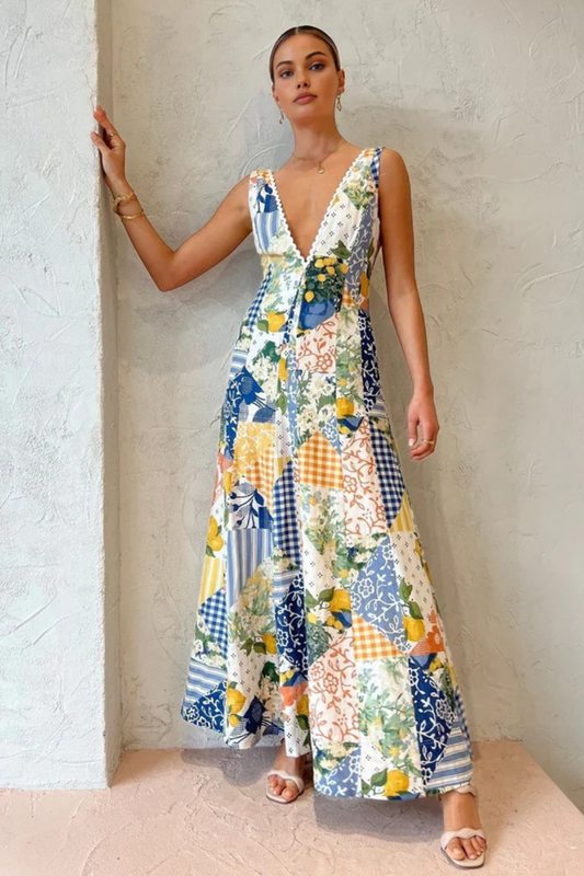 Patchwork V-Neck Maxi Dress – Bohemian White Summer Charm
