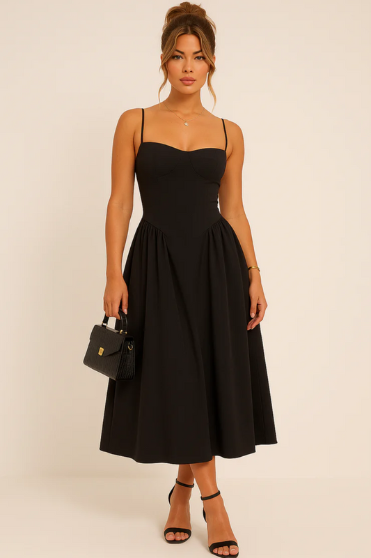 Pleated A-Line Skater Midaxi Dress – Sleeveless Spaghetti Strap