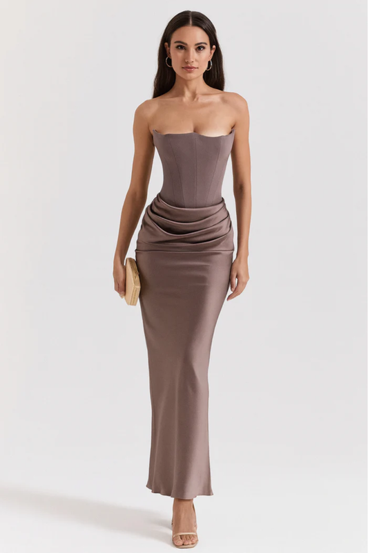 Strapless Corset Maxi Dress – Elegant Draped Evening Gown