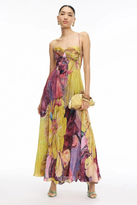 Multicoloured Floral Pleated Maxi Dress – Elegant Spaghetti Strap Evening Dress