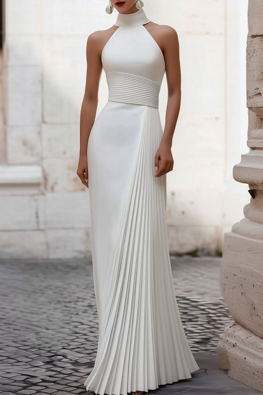 Elegant Pleated Halter Neck Maxi Gown – Timeless Evening Silhouette