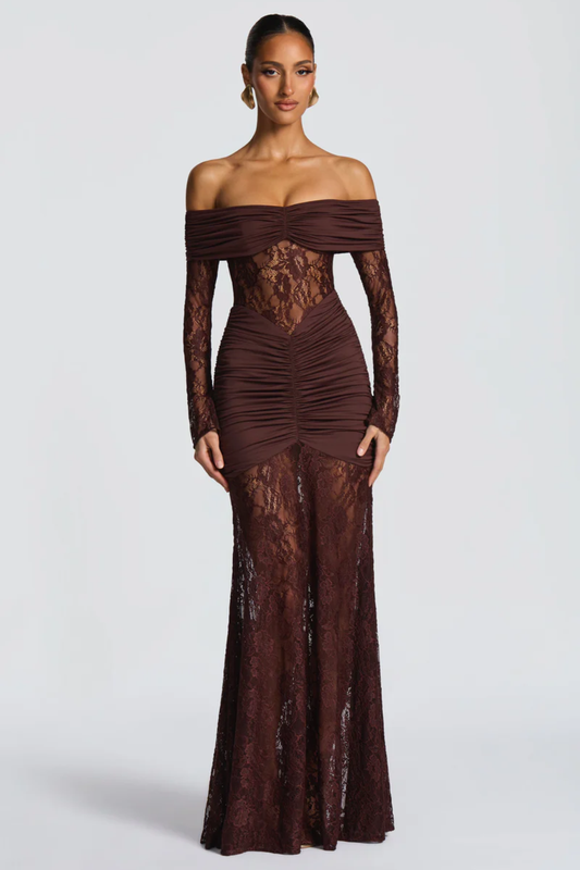 Elegant Off-Shoulder Lace Maxi Dress – Sheer Evening Silhouette