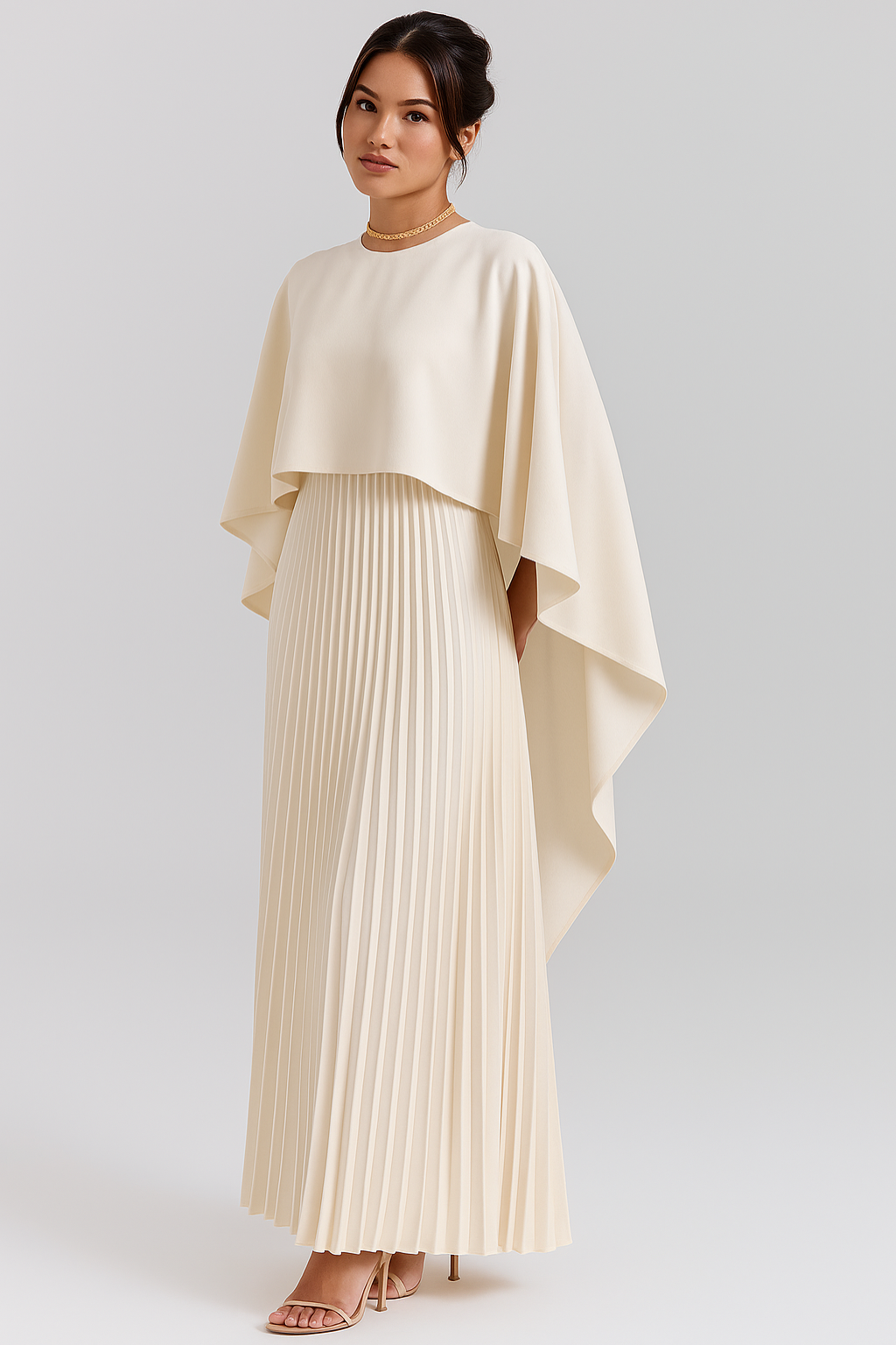 Pleated Maxi Dress with Batwing Cape Sleeves – Elegant Evening Gown