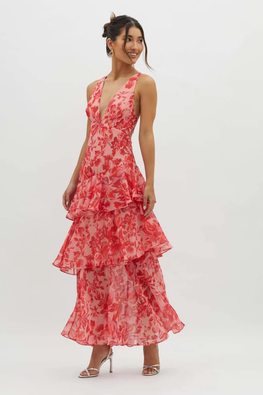 Floral Tiered Maxi Dress – Elegant Strappy Back Evening Dress
