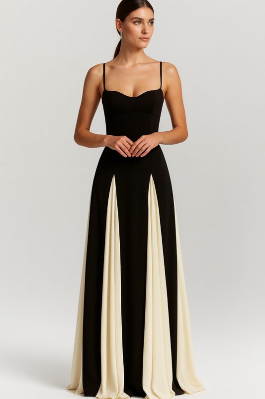 Color Block Maxi Evening Dress – Sleeveless Spaghetti Strap Gown