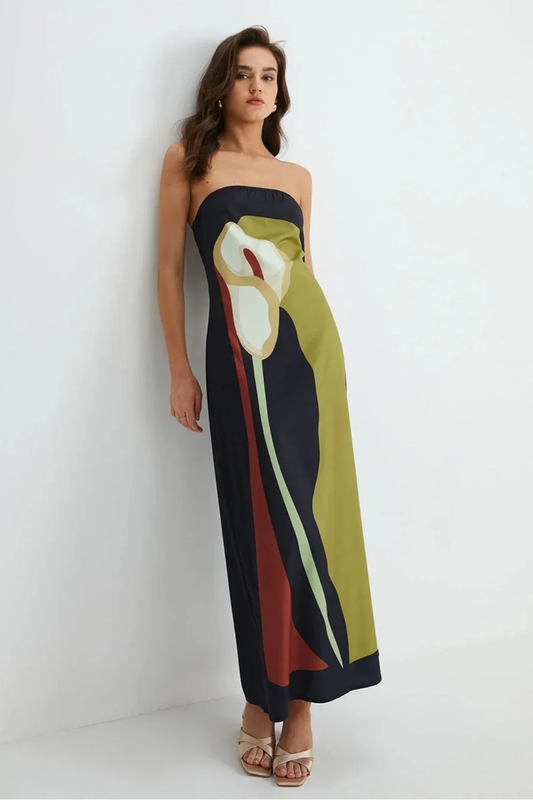 Strapless Abstract Print Maxi Dress – Modern Evening Silhouette