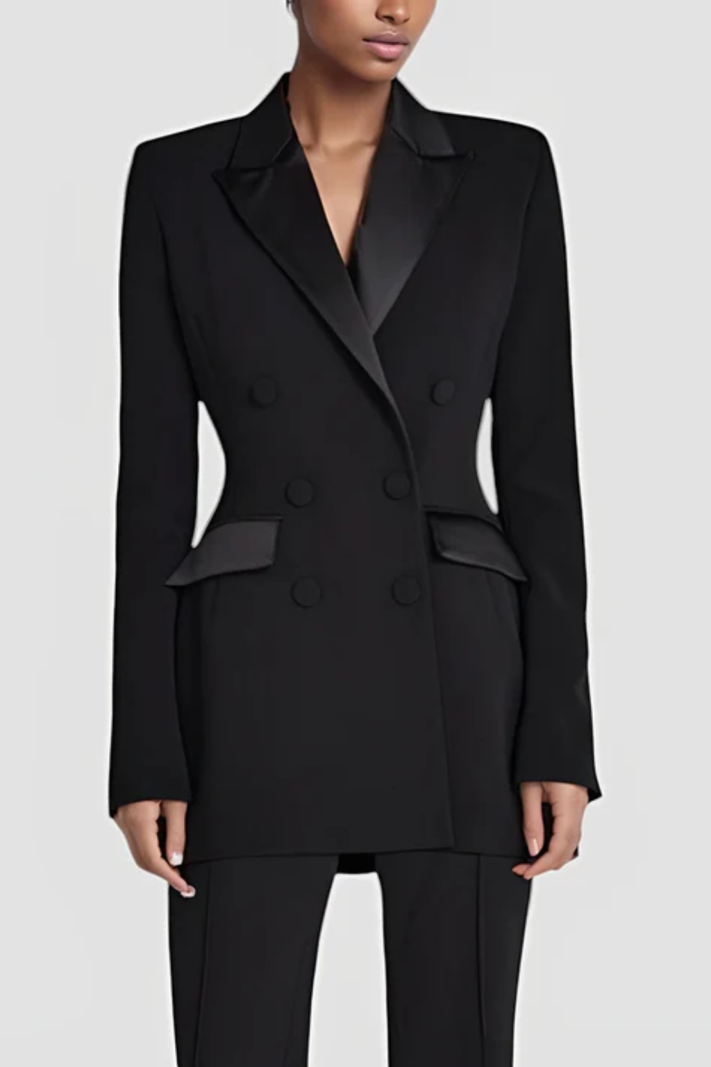 Elegant Double-Breasted Blazer – Satin Lapel Power Silhouette