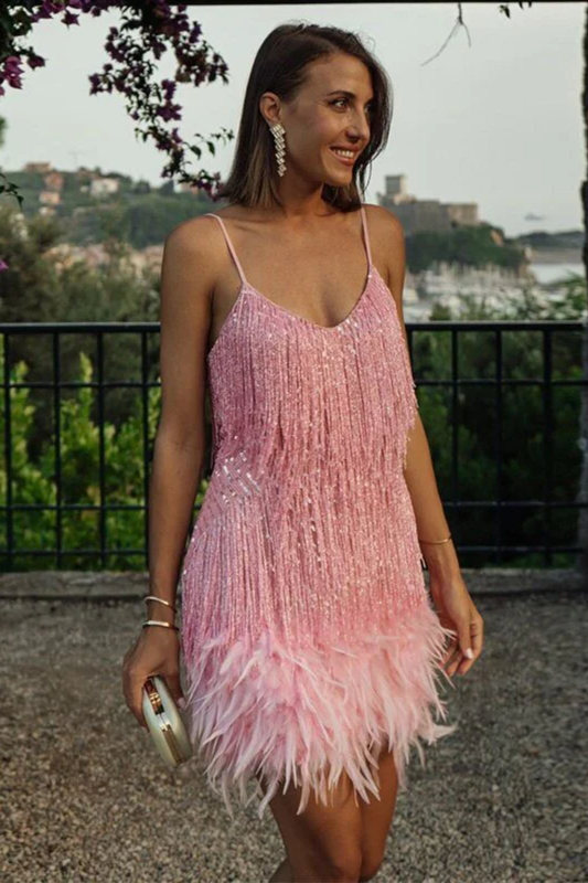 Feather Fringe Mini Dress – Glamorous Evening Style