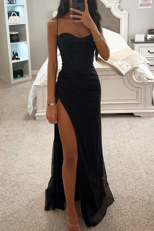 Elegant Shimmering Corset Maxi Dress – High-Slit Evening Silhouette