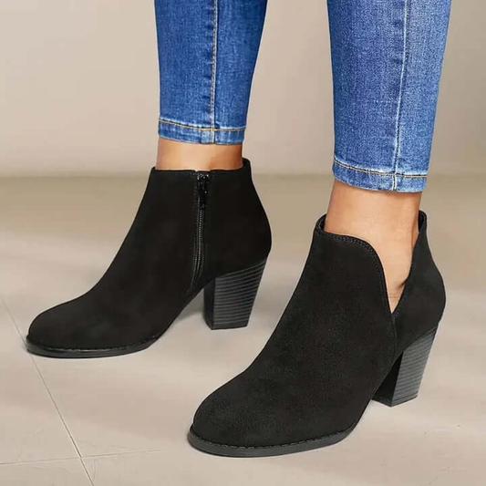 Block Heel Ankle Boots – Side Cut-Out Design with Zip Closure