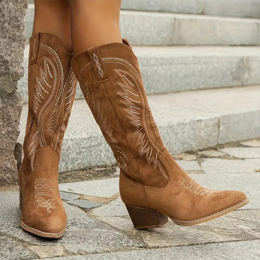 Suede Western Knee High Boots – Classic Cowboy Style with Block Heel