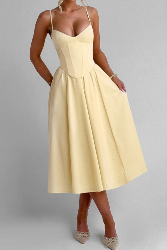 Elegant Corset Midi Dress – Spaghetti Strap Flared Silhouette