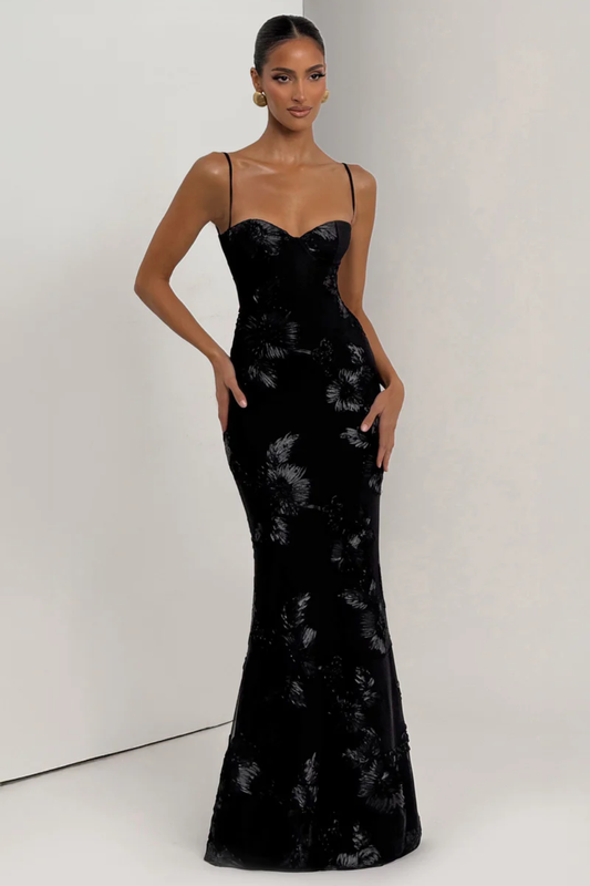 Elegant Floral Maxi Dress – Spaghetti Strap Evening Silhouette