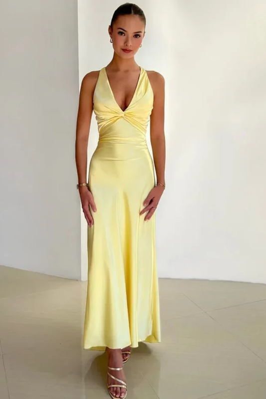 Backless Halter Maxi Dress – Elegant Satin Blend Evening Style