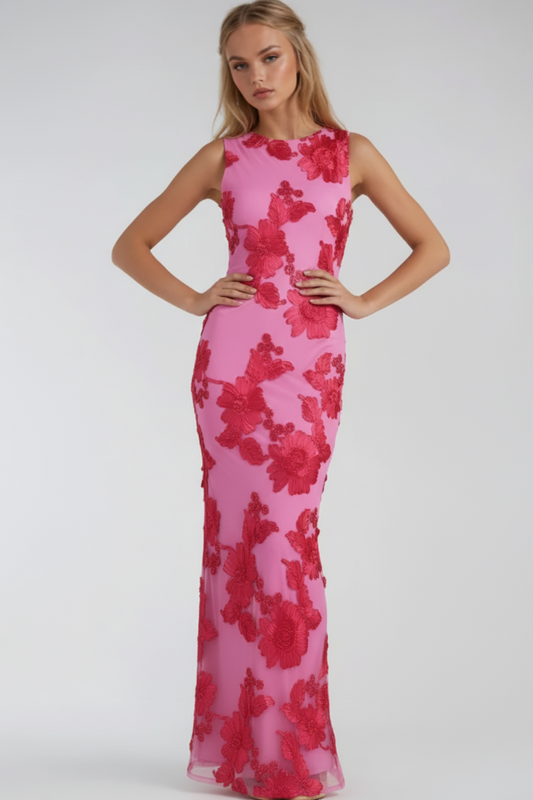 Floral Embroidered Maxi Evening Dress – Sleeveless Round Neck Gown