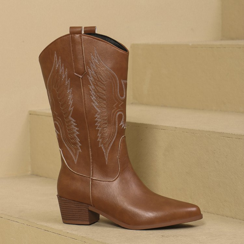 Western Cowboy Boots – Embroidered Design with Block Heel