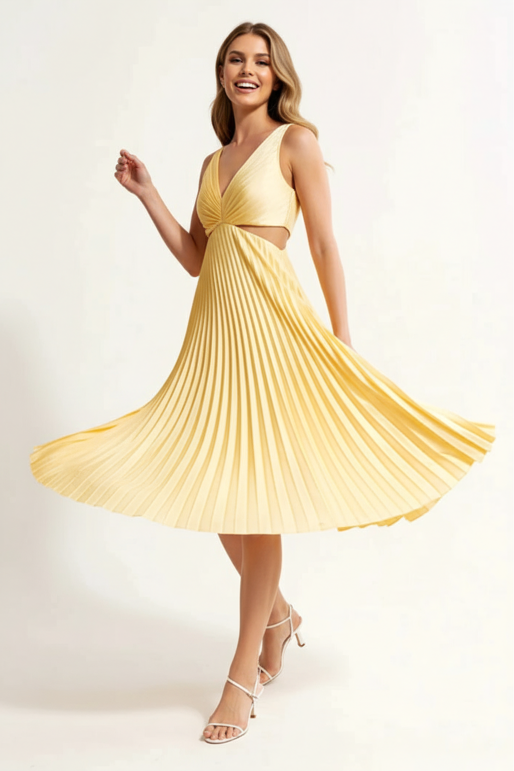 Pleated A-Line Midi Dress – Sleeveless V-Neck Cut-Out