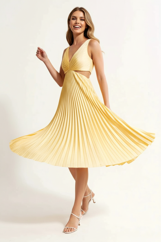 Pleated A-Line Midi Dress – Sleeveless V-Neck Cut-Out