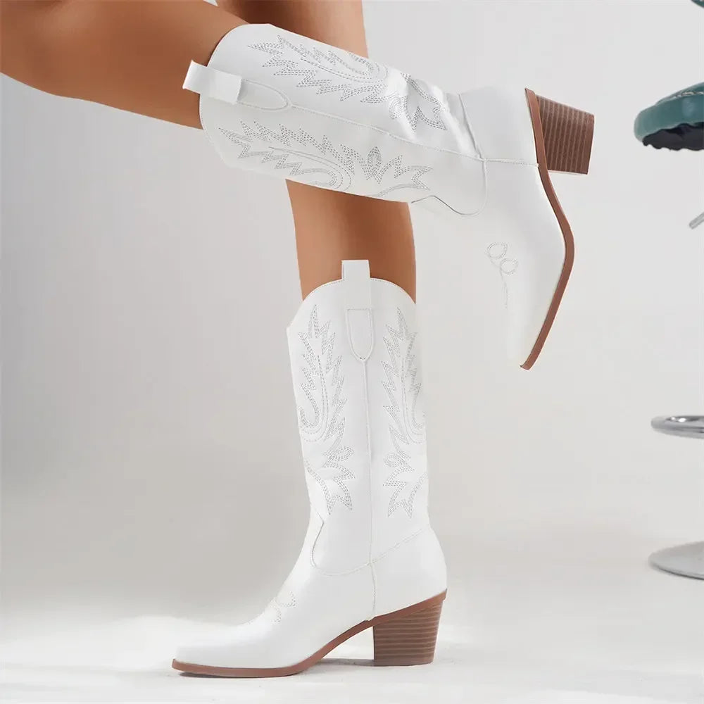 Western Knee High Boots – Embroidered Detailing and Classic Block Heel