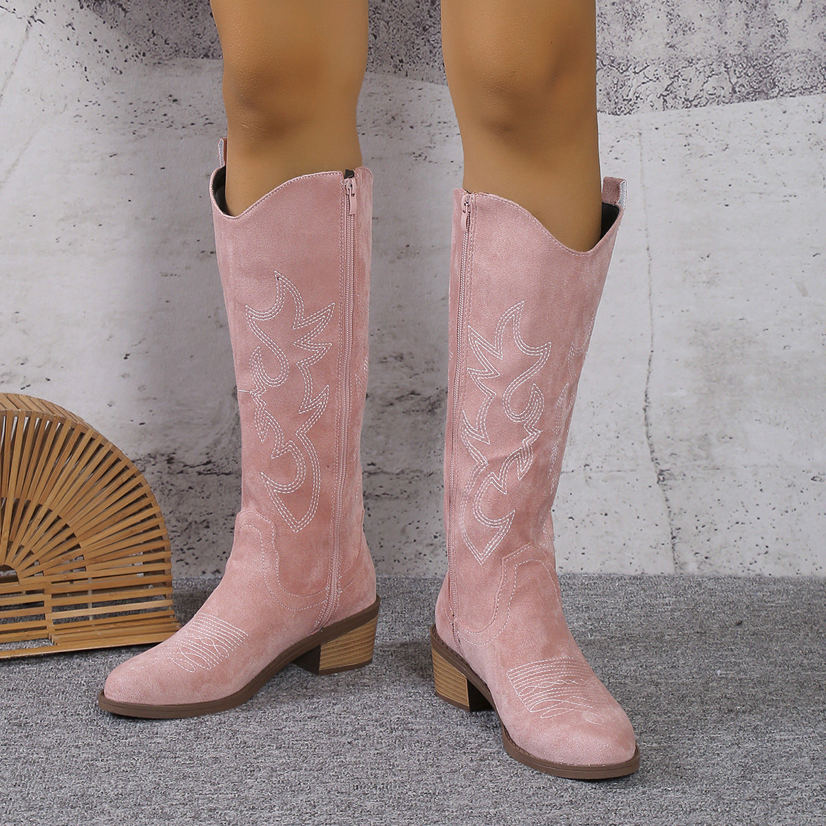 Western Knee High Boots – Stitch Detailing and Block Heel