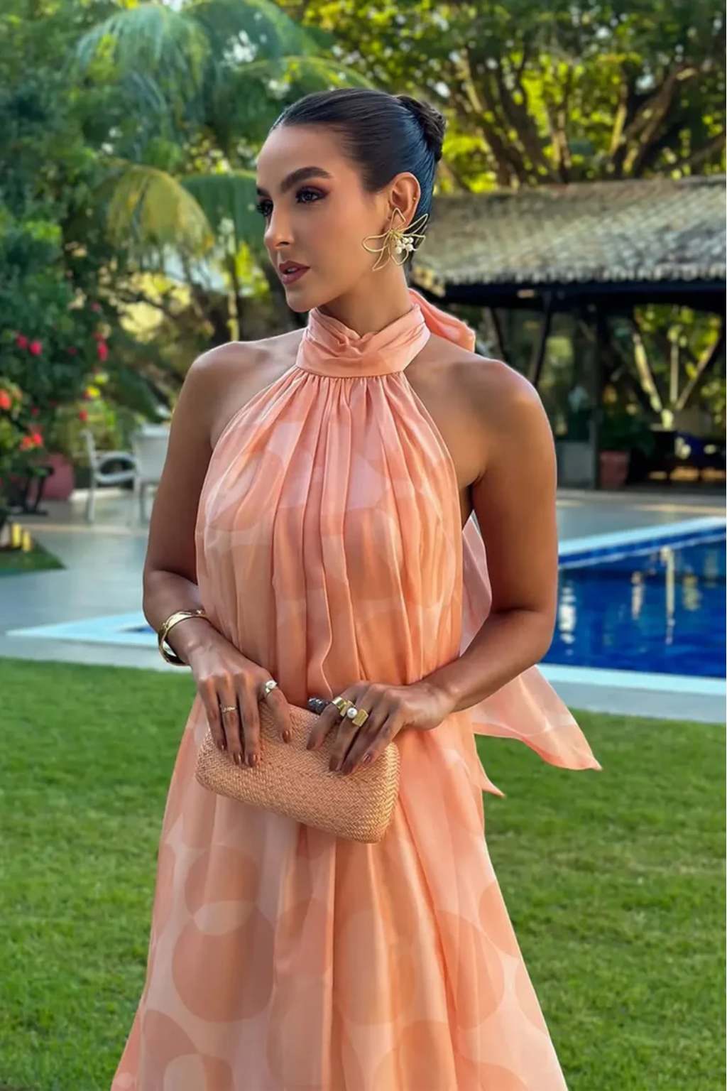 Printed Halter Neck Maxi Dress – Flowing Elegant Evening Gown