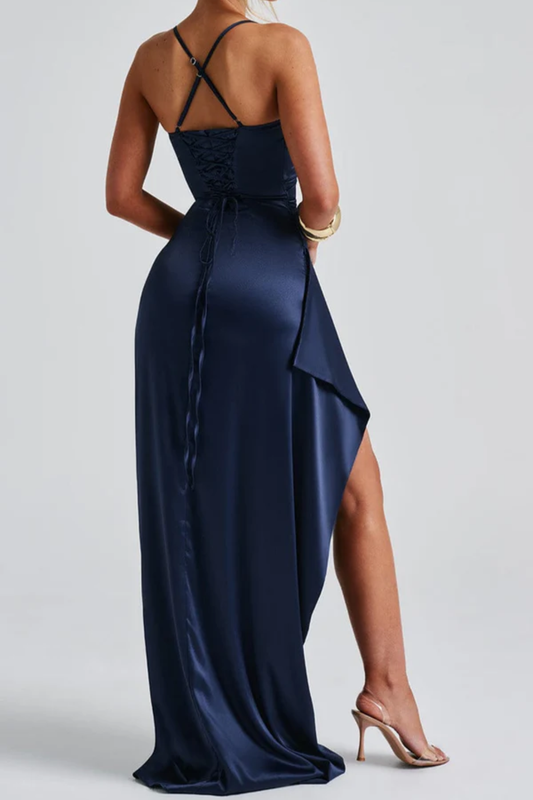 Elegant Spaghetti Strap Maxi Dress – Ruched Waist and High Slit Evening Gown