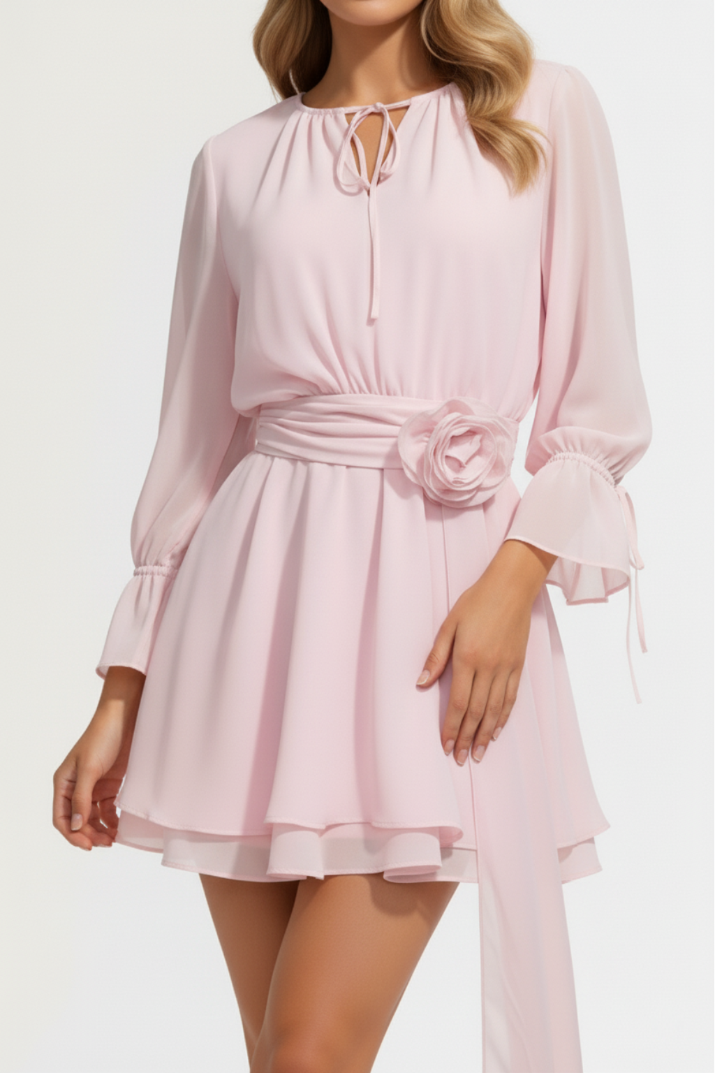 Elegant A-Line Mini Dress – Long Sleeve Waist-Tie with Ruffle Hem