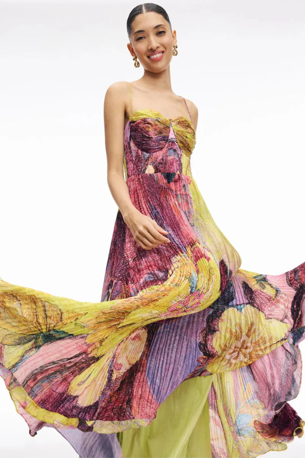 Multicoloured Floral Pleated Maxi Dress – Elegant Spaghetti Strap Evening Dress