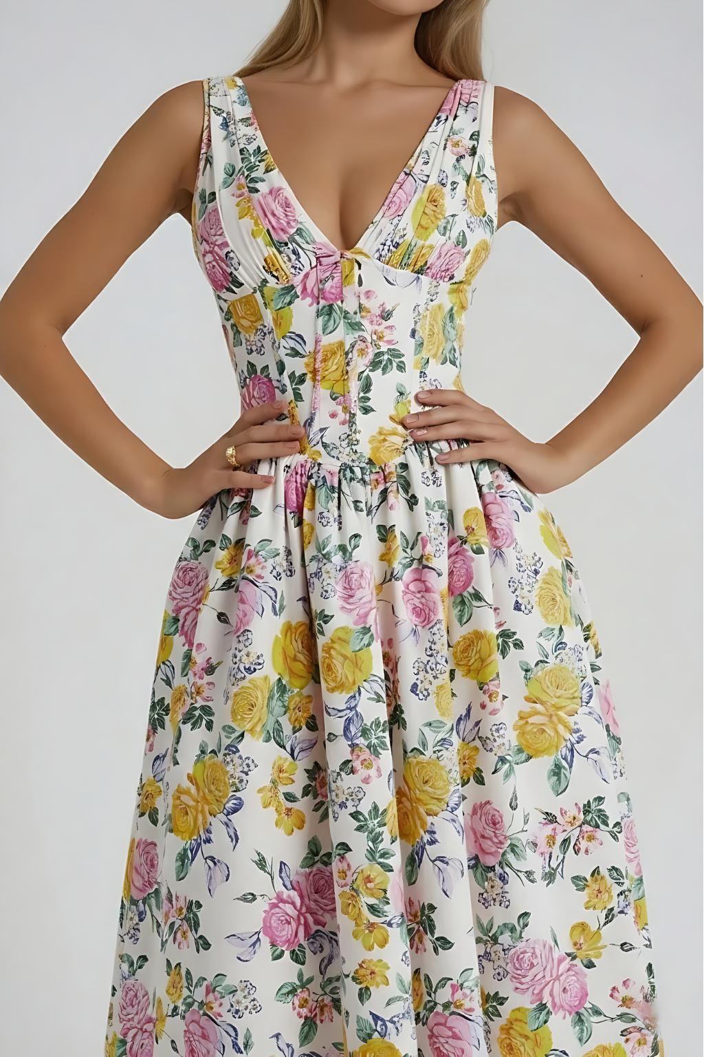 Floral A-Line Midi Summer Dress – Sleeveless V-Neck