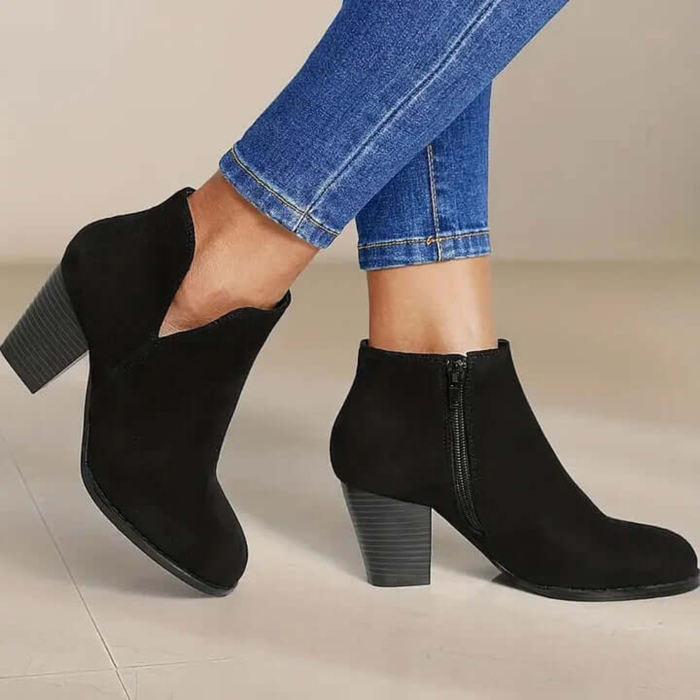 Block Heel Ankle Boots – Side Cut-Out Design with Zip Closure