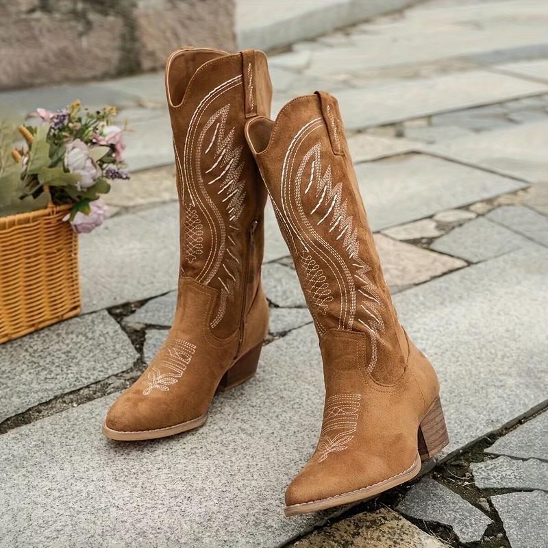 Suede Western Knee High Boots – Classic Cowboy Style with Block Heel