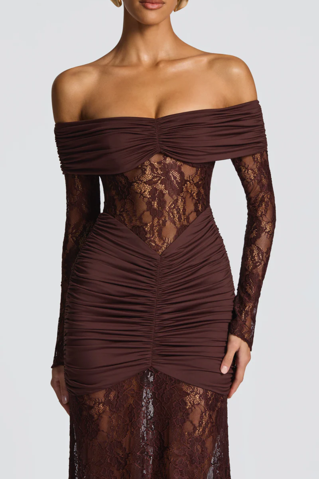 Elegant Off-Shoulder Lace Maxi Dress – Sheer Evening Silhouette