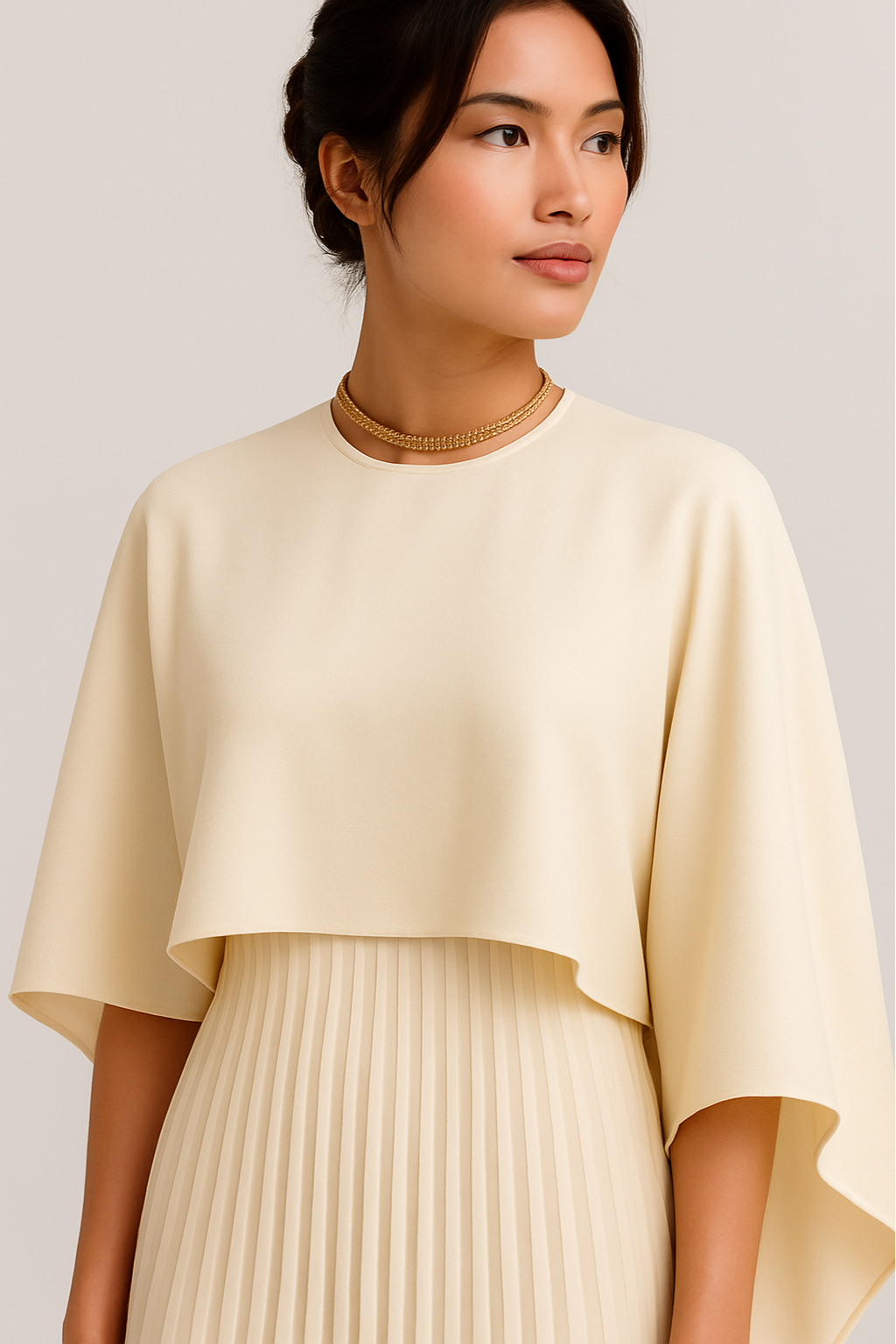 Pleated Maxi Dress with Batwing Cape Sleeves – Elegant Evening Gown
