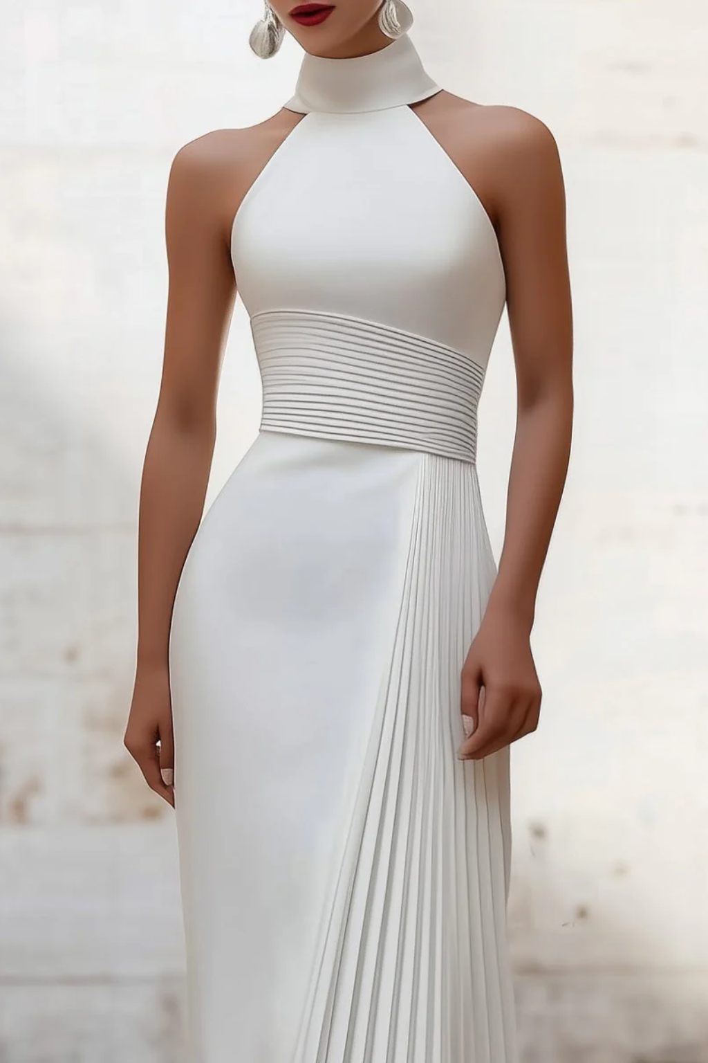 Elegant Pleated Halter Neck Maxi Gown – Timeless Evening Silhouette