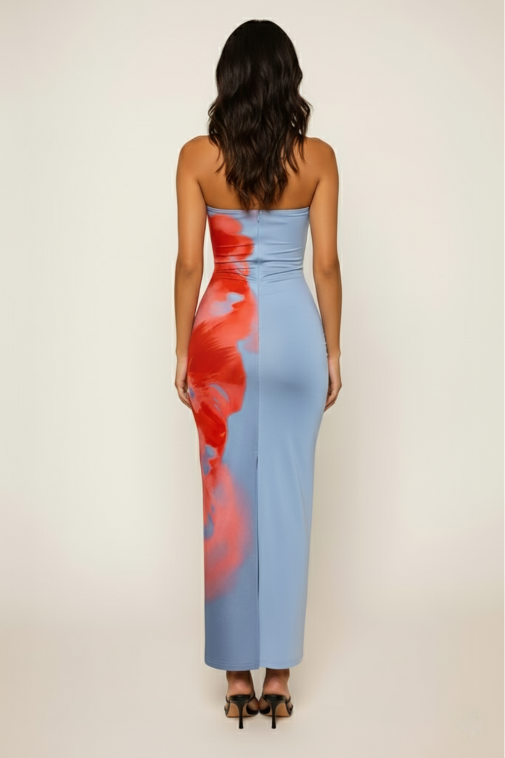 Strapless Bodycon Maxi Dress – Blue and Red Floral Y2K Print