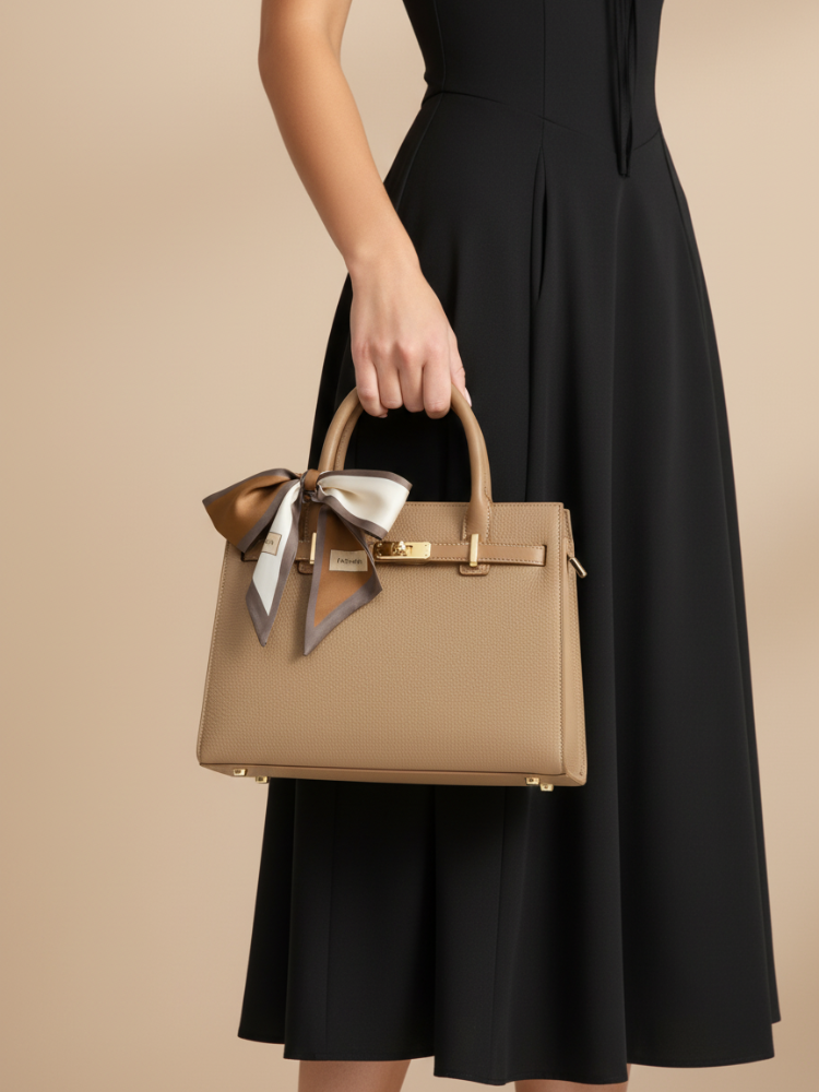 Elegant Leather Handbag with Scarf – Effortless Sophistication