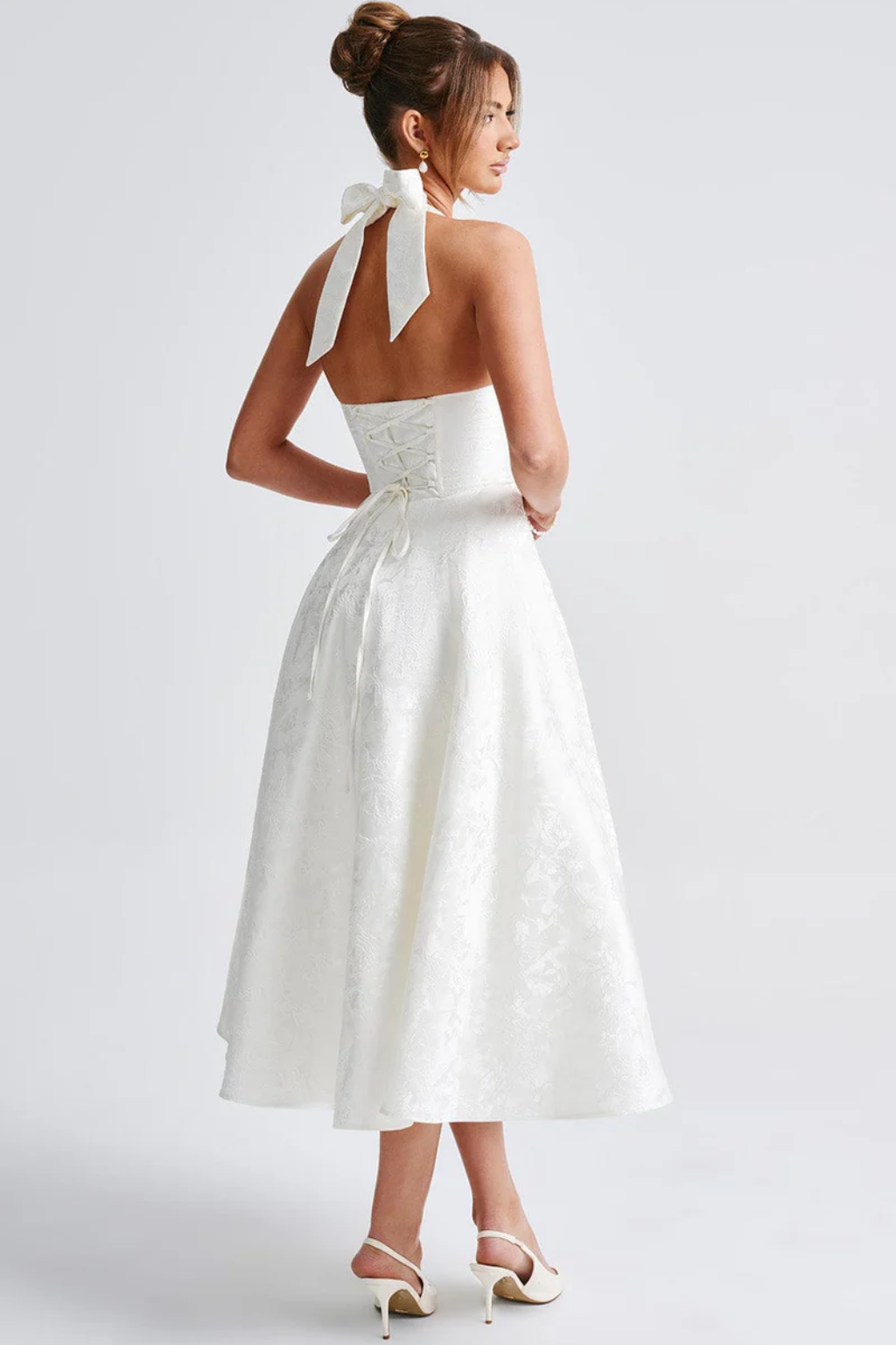 Elegant Halter Neck Midi Dress – Flared Corset Silhouette
