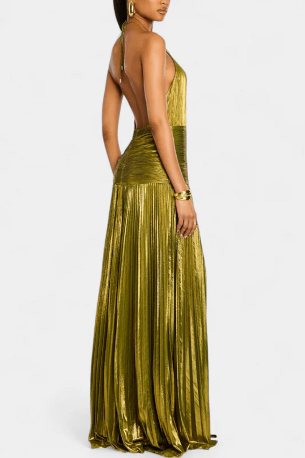 Halter Neck Pleated Maxi Dress – Metallic Evening Elegance