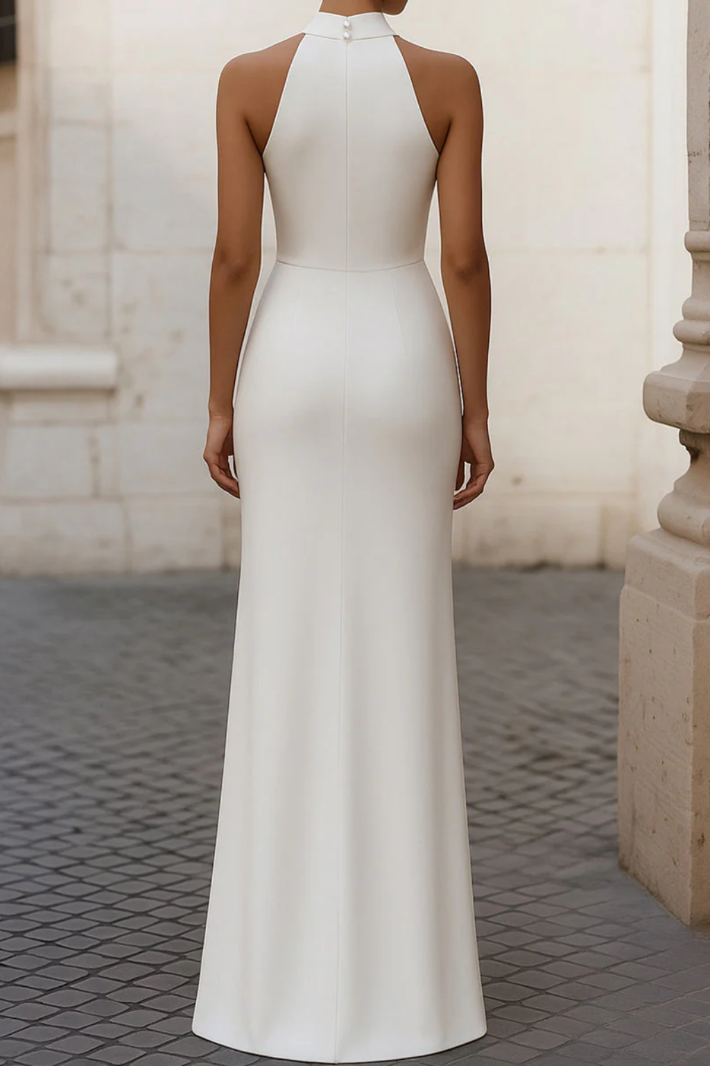 Elegant Pleated Halter Neck Maxi Gown – Timeless Evening Silhouette