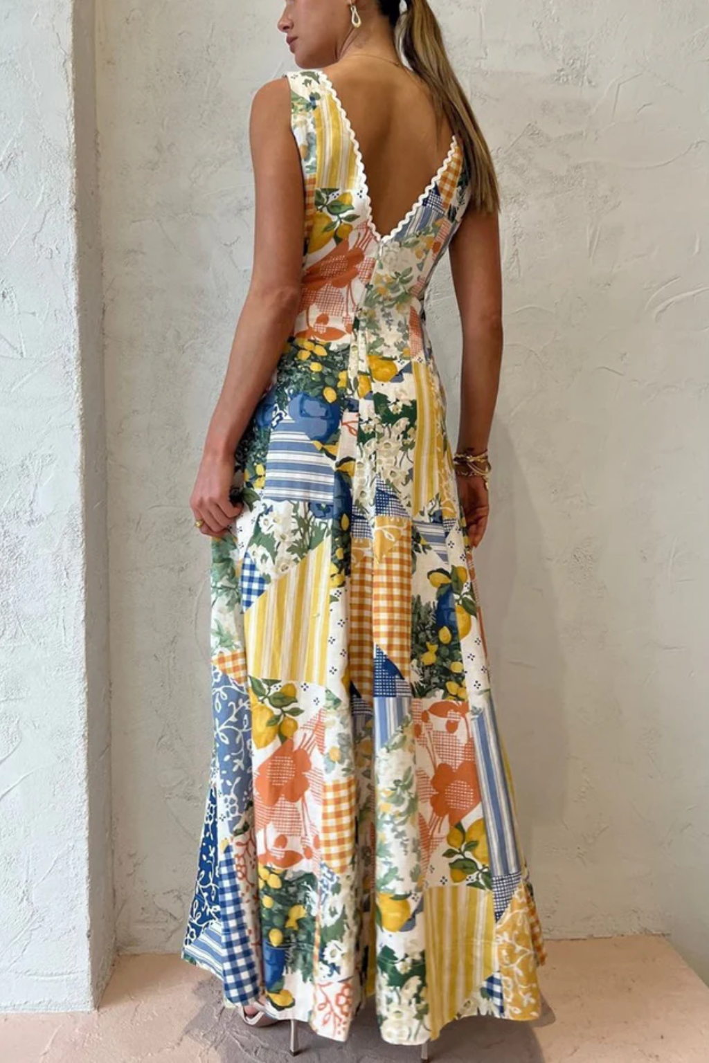Patchwork V-Neck Maxi Dress – Bohemian White Summer Charm
