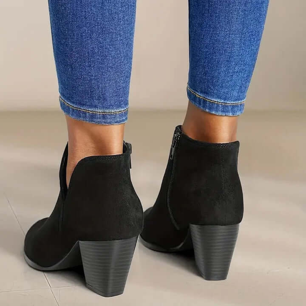 Block Heel Ankle Boots – Side Cut-Out Design with Zip Closure