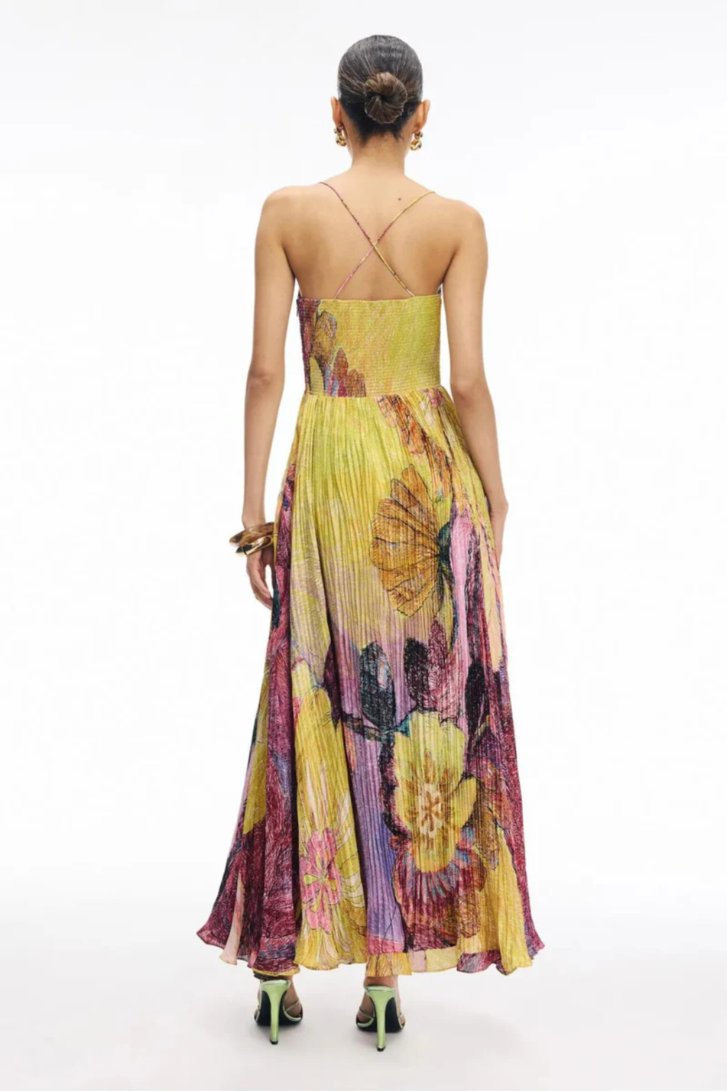 Multicoloured Floral Pleated Maxi Dress – Elegant Spaghetti Strap Evening Dress