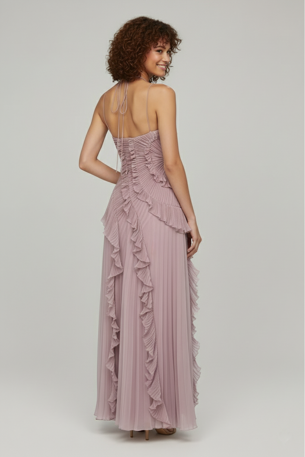 Ruffled Pleated Maxi Dress – Sleeveless Halter Neck Evening Gown