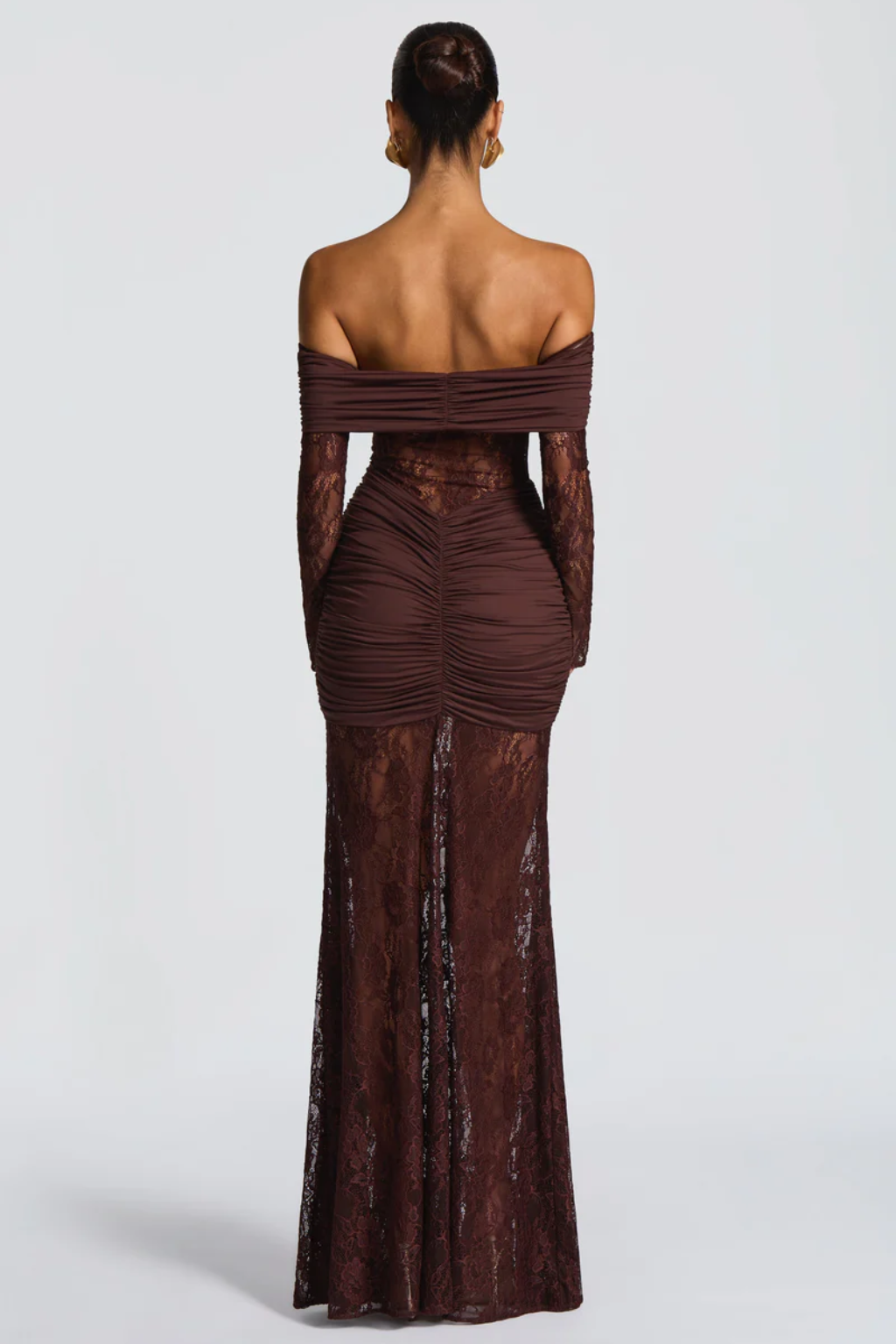 Elegant Off-Shoulder Lace Maxi Dress – Sheer Evening Silhouette