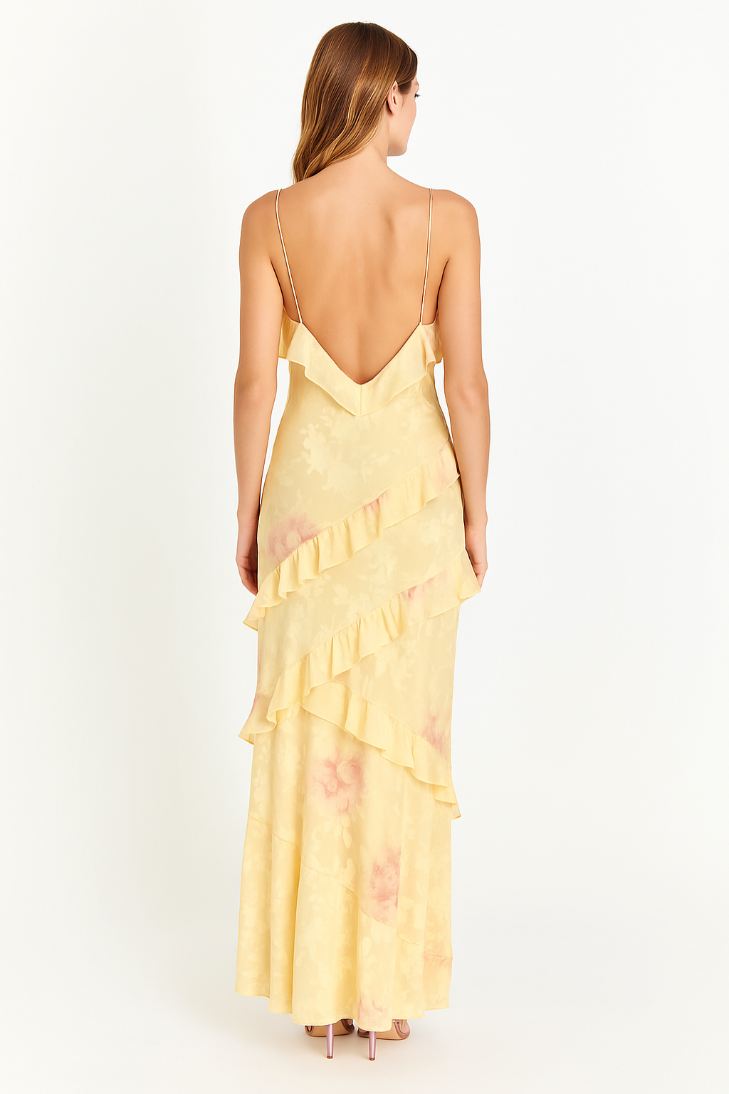 Ruffle Tiered Satin Maxi Dress – Sleeveless Spaghetti Strap Gown