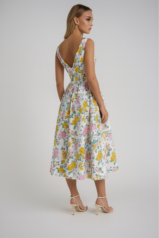 Floral A-Line Midi Summer Dress – Sleeveless V-Neck
