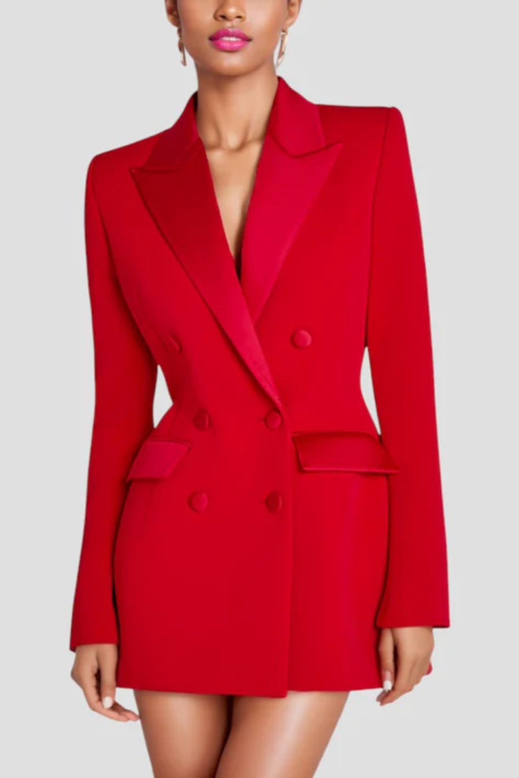 Elegant Double-Breasted Blazer – Satin Lapel Power Silhouette
